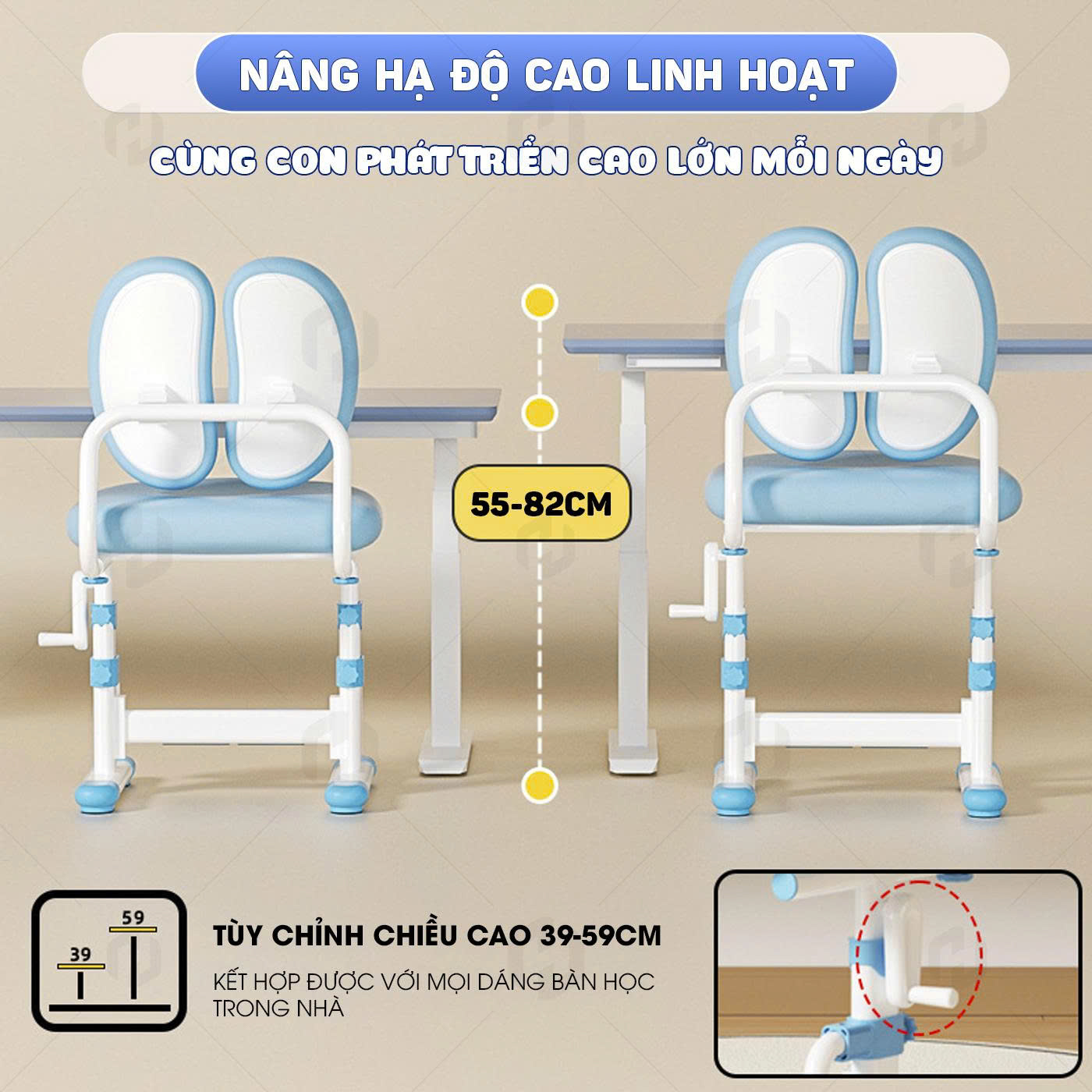 Bộ bàn học sinh tiểu học thông minh cho bé Htdkids T16 cải tiến | tăng giảm chiêu cao tay quay
